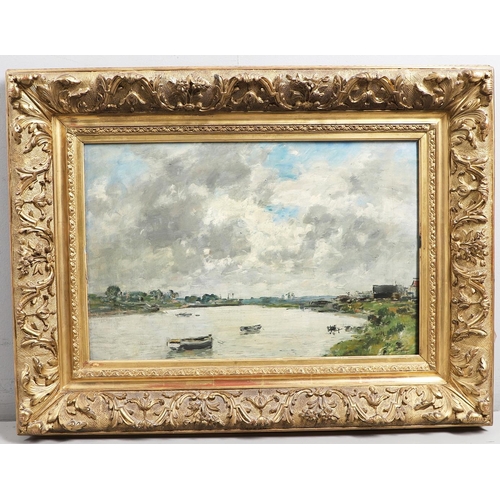 349 - EUGENE BOUDIN (1824-1898). LES BORDS DE LA TOUQUE, CIEL NUAGEUX. Oil on canvas 35 x 54cm.   Provenan... 