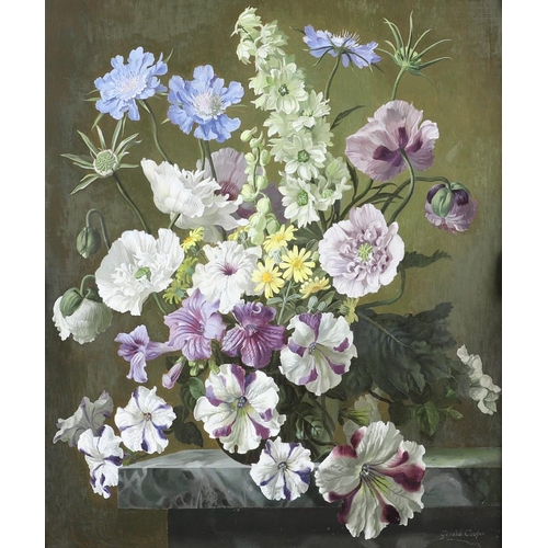 356 - GERALD COOPER (1898-1975). SCABIOUS, POPPIES AND PETUNIAS. (d) Signed, oil on Masonite 59 x 49cm.  P... 