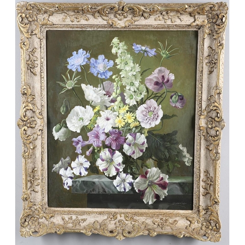 356 - GERALD COOPER (1898-1975). SCABIOUS, POPPIES AND PETUNIAS. (d) Signed, oil on Masonite 59 x 49cm.  P... 