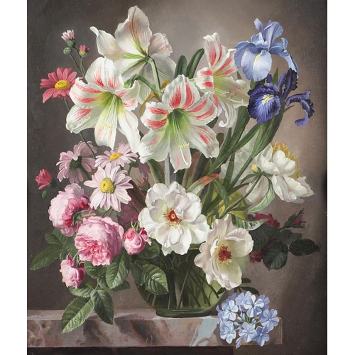 357 - GERALD COOPER (1898-1975). LILIES, HYDRANGEA, IRIS, PEONIES ETC. (d) Signed, oil on canvas 59 x 49.5... 