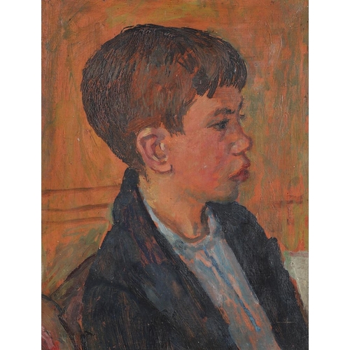 363 - RUSKIN SPEAR, CBE, RA (1911-1990). PORTRAIT OF A BOY. (d) Signed and inscribed on a label verso, oil... 