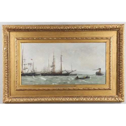 370 - HENRY SCOTT TUKE, RA, RWS (1858-1929). SHIPPING AT ANCHOR IN A SQUALL, FALMOUTH. Oil on canvas 29 x ... 