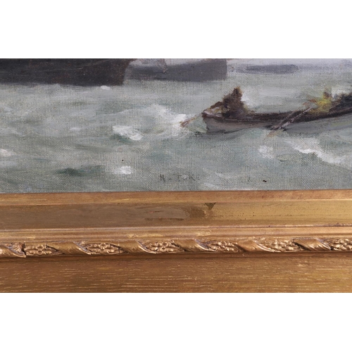 370 - HENRY SCOTT TUKE, RA, RWS (1858-1929). SHIPPING AT ANCHOR IN A SQUALL, FALMOUTH. Oil on canvas 29 x ... 