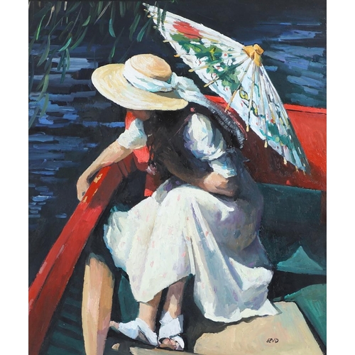 372 - SHERREE VALENTINE-DAINES (B.1956). A LAZY DAY ON THE WATER. (d) Signed with initials, oil on board 3... 