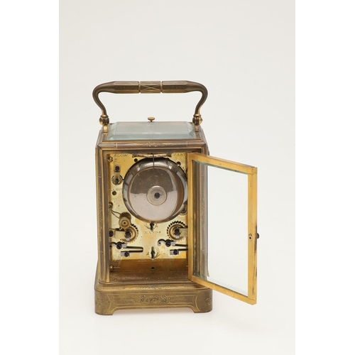 374 - A 19TH CENTURY FRENCH BRASS REPEATER CARRIAGE CLOCK. the white enamel dial with Roman numerals and a... 