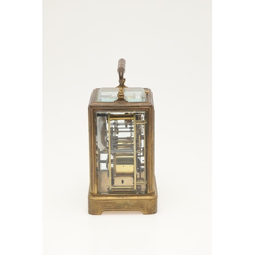 374 - A 19TH CENTURY FRENCH BRASS REPEATER CARRIAGE CLOCK. the white enamel dial with Roman numerals and a... 