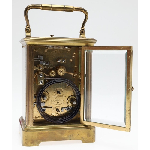 375 - A 19TH CENTURY SWISS BRASS REPEATER CARRIAGE CLOCK. the circular enamel dial and movement signed Vac... 