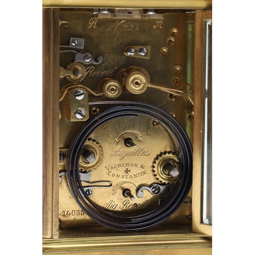 375 - A 19TH CENTURY SWISS BRASS REPEATER CARRIAGE CLOCK. the circular enamel dial and movement signed Vac... 