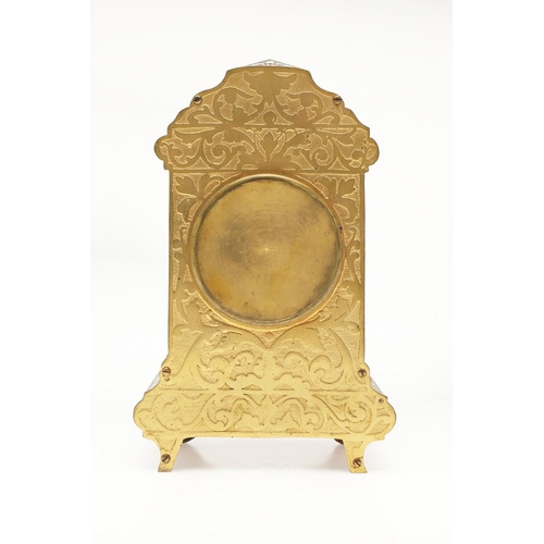 377 - AN EARLY 20TH CENTURY FRENCH GILT METAL AND CHAMPLEVE ENAMEL CLOCK. the white enamel dial painted wi... 