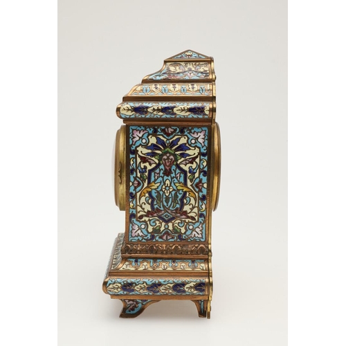 377 - AN EARLY 20TH CENTURY FRENCH GILT METAL AND CHAMPLEVE ENAMEL CLOCK. the white enamel dial painted wi... 