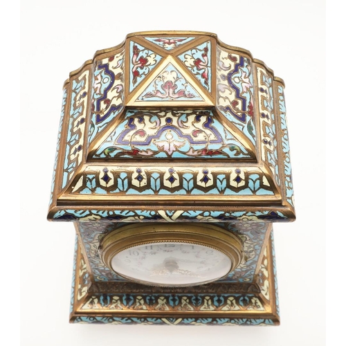 377 - AN EARLY 20TH CENTURY FRENCH GILT METAL AND CHAMPLEVE ENAMEL CLOCK. the white enamel dial painted wi... 