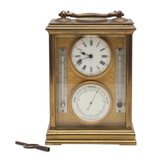 379 - A LATE 19TH CENTURY BRASS CARRIAGE COMBINATION TIMEPIECE. comprising of compass, clock and aneroid b... 