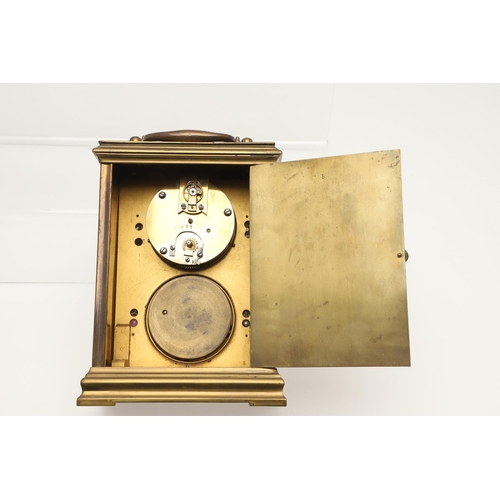 379 - A LATE 19TH CENTURY BRASS CARRIAGE COMBINATION TIMEPIECE. comprising of compass, clock and aneroid b... 