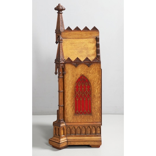 381 - A SUBSTANTIAL GOTHIC OAK CHIMING BRACKET CLOCK AND BRACKET. 19th century, the 7 3/4