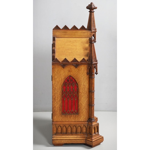 381 - A SUBSTANTIAL GOTHIC OAK CHIMING BRACKET CLOCK AND BRACKET. 19th century, the 7 3/4