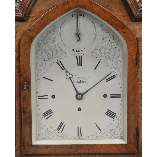 382 - A 19TH CENTURY WALNUT CHIMING BRACKET CLOCK BY LAWSON, BRIGHTON. the silvered 7.5