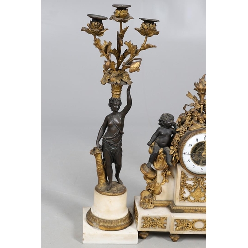 384 - A LOUIS XVI STYLE MARBLE AND BRONZE MANTEL CLOCK GARNITURE. the clock with 4.5