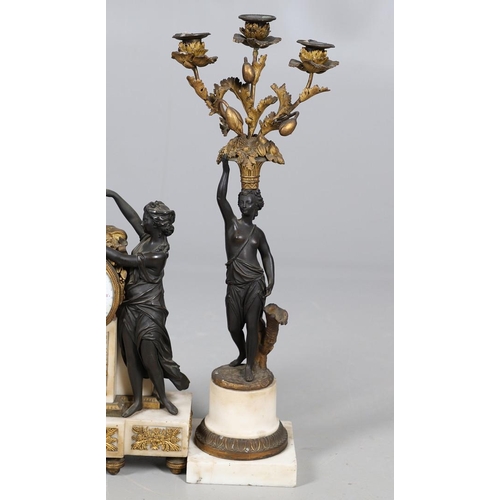 384 - A LOUIS XVI STYLE MARBLE AND BRONZE MANTEL CLOCK GARNITURE. the clock with 4.5