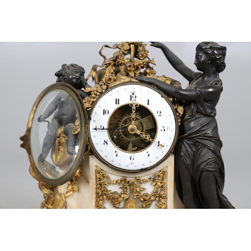 384 - A LOUIS XVI STYLE MARBLE AND BRONZE MANTEL CLOCK GARNITURE. the clock with 4.5