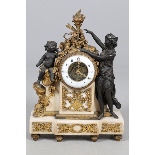 384 - A LOUIS XVI STYLE MARBLE AND BRONZE MANTEL CLOCK GARNITURE. the clock with 4.5