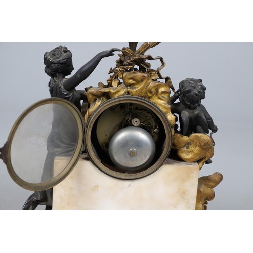 384 - A LOUIS XVI STYLE MARBLE AND BRONZE MANTEL CLOCK GARNITURE. the clock with 4.5