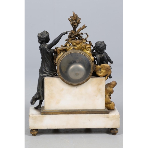 384 - A LOUIS XVI STYLE MARBLE AND BRONZE MANTEL CLOCK GARNITURE. the clock with 4.5