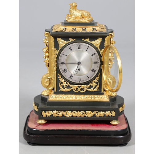 385 - A 19TH CENTURY FRENCH ORMOLU MANTEL CLOCK. the silvered dial with Roman numerals and heart pierced h... 