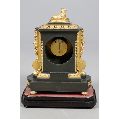 385 - A 19TH CENTURY FRENCH ORMOLU MANTEL CLOCK. the silvered dial with Roman numerals and heart pierced h... 