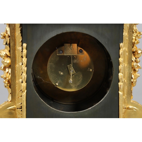 385 - A 19TH CENTURY FRENCH ORMOLU MANTEL CLOCK. the silvered dial with Roman numerals and heart pierced h... 