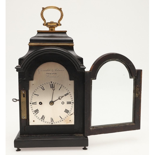 386 - AN EARLY 19TH CENTURY BRASS-BOUND EBONY MANTEL TIMEPIECE BY GRIMALDE & JOHNSON, LONDON. of small pro... 