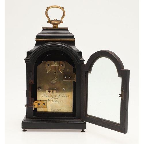 386 - AN EARLY 19TH CENTURY BRASS-BOUND EBONY MANTEL TIMEPIECE BY GRIMALDE & JOHNSON, LONDON. of small pro... 