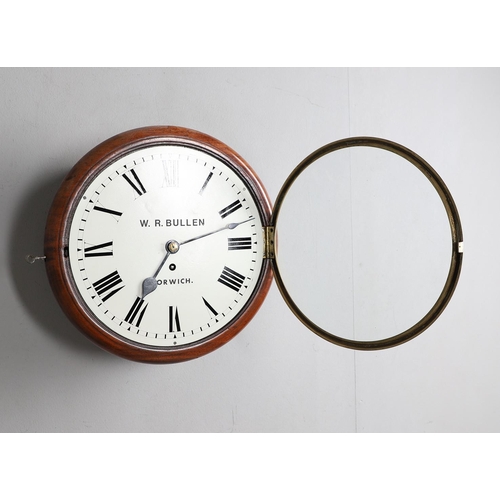 389 - A 19TH CENTURY MAHOGANY SCHOOL CLOCK. the dial signed W.R. Bullen, Norwich, four pillar brass moveme... 