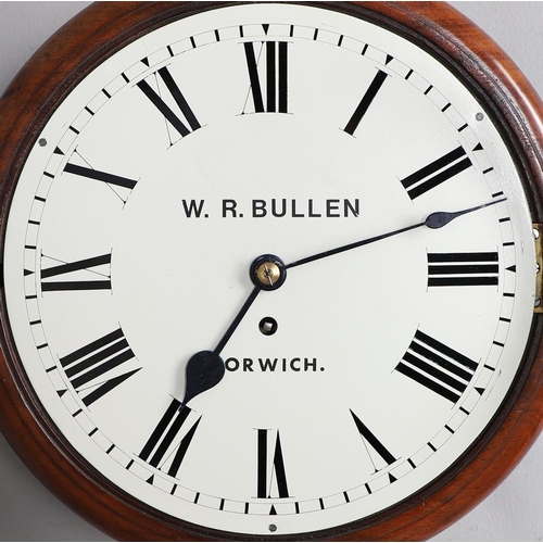 389 - A 19TH CENTURY MAHOGANY SCHOOL CLOCK. the dial signed W.R. Bullen, Norwich, four pillar brass moveme... 