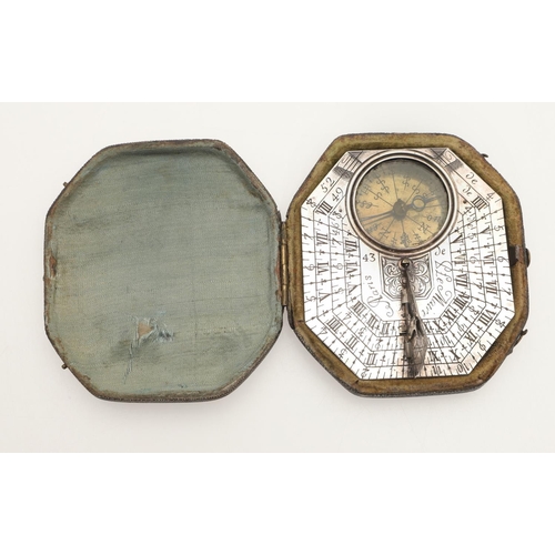 395 - LE MAIRE FILS, PARIS. AN EARLY 18TH CENTURY FRENCH SILVER 'BUTTERFIELD' TYPE POCKET SUNDIAL AND COMP... 