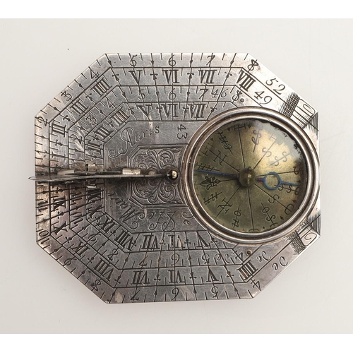 395 - LE MAIRE FILS, PARIS. AN EARLY 18TH CENTURY FRENCH SILVER 'BUTTERFIELD' TYPE POCKET SUNDIAL AND COMP... 