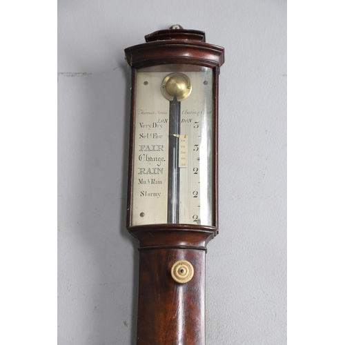 396 - A GEORGE III MAHOGANY BOW FRONTED STICK BAROMETER. the silvered dial inscribed Thomas Jones, Charing... 