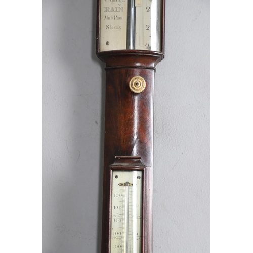 396 - A GEORGE III MAHOGANY BOW FRONTED STICK BAROMETER. the silvered dial inscribed Thomas Jones, Charing... 