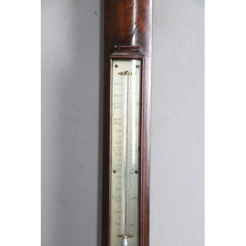 396 - A GEORGE III MAHOGANY BOW FRONTED STICK BAROMETER. the silvered dial inscribed Thomas Jones, Charing... 