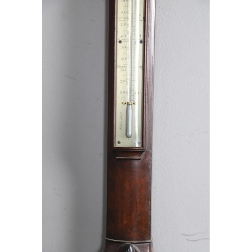 396 - A GEORGE III MAHOGANY BOW FRONTED STICK BAROMETER. the silvered dial inscribed Thomas Jones, Charing... 