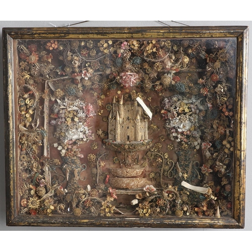 399 - A LATE 17TH CENTURY QUILLWORK DIORAMA. worked in coloured and gilt paper with a castle flanked by tw... 