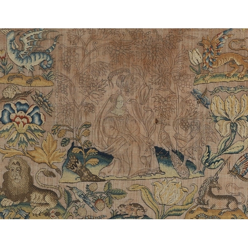 400 - A CHARLES II NEEDLEWORK PICTURE. partially worked in polychrome silks and unfinished, illustrating v... 