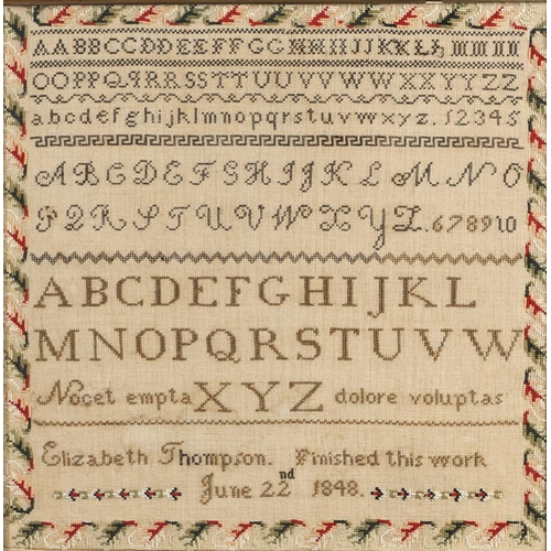 401 - A 19TH CENTURY EMBROIDERED ALPHABET SAMPLER. with Latin proverb 'Nocet empta dolore voluptas', by El... 