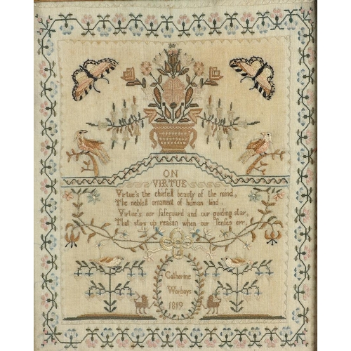 403 - A GEORGE III NEEDLEWORK SAMPLER. embroidered with butterflies, birds, an urn of flowers and the pros... 