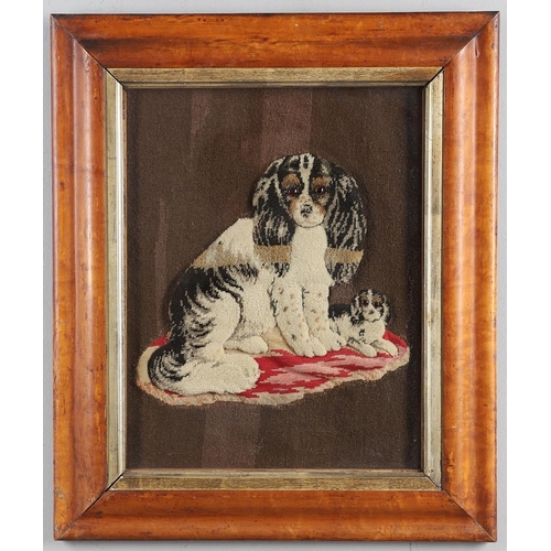 408 - A 19TH CENTURY RAISED WOOLWORK PICTURE. depicting a King Charles Spaniel and it's Puppy seated upon ... 