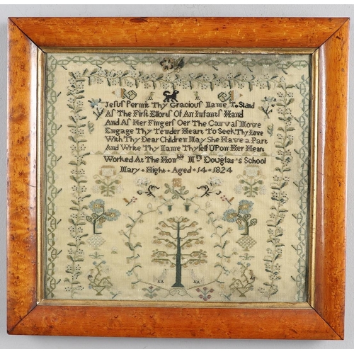 410 - A GEORGE IV NEEDLEWORK SAMPLER. with religious verse above a panel of flowers, a tree, acorns, and b... 