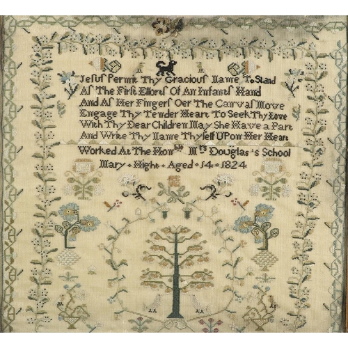 410 - A GEORGE IV NEEDLEWORK SAMPLER. with religious verse above a panel of flowers, a tree, acorns, and b... 