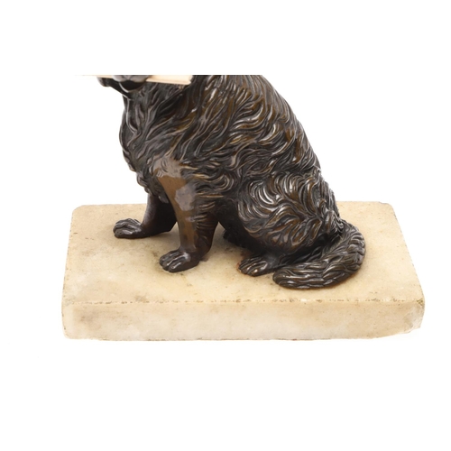 414 - A 19TH CENTURY BRONZE OF A SEATED SPANIEL WITH HINGED JAW. upon a hardstone base, height 16cm, width... 