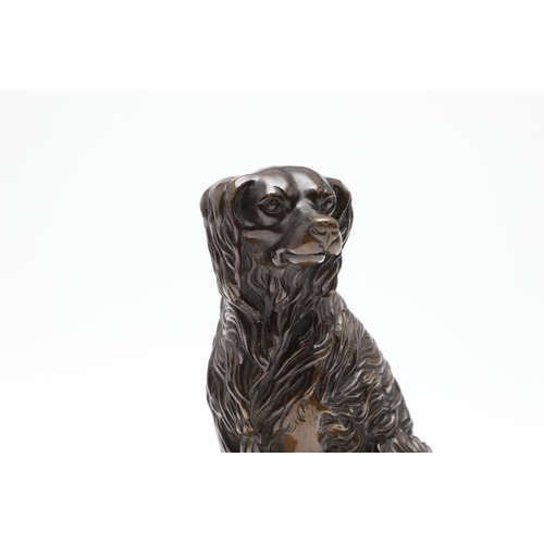 414 - A 19TH CENTURY BRONZE OF A SEATED SPANIEL WITH HINGED JAW. upon a hardstone base, height 16cm, width... 