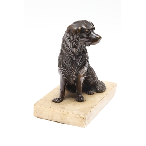 414 - A 19TH CENTURY BRONZE OF A SEATED SPANIEL WITH HINGED JAW. upon a hardstone base, height 16cm, width... 