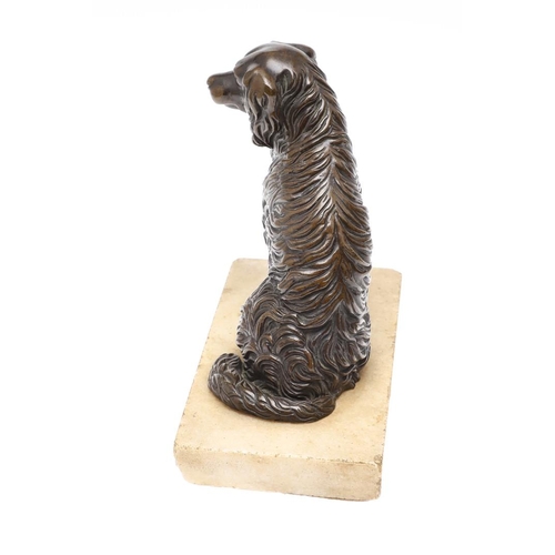 414 - A 19TH CENTURY BRONZE OF A SEATED SPANIEL WITH HINGED JAW. upon a hardstone base, height 16cm, width... 